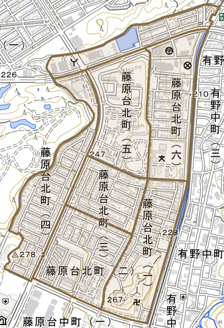藤原台北町とその周辺の地図。町の範囲を重ねている