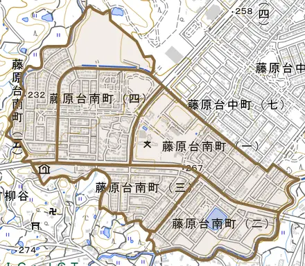 藤原台南町とその周辺の地図。町の範囲を重ねている