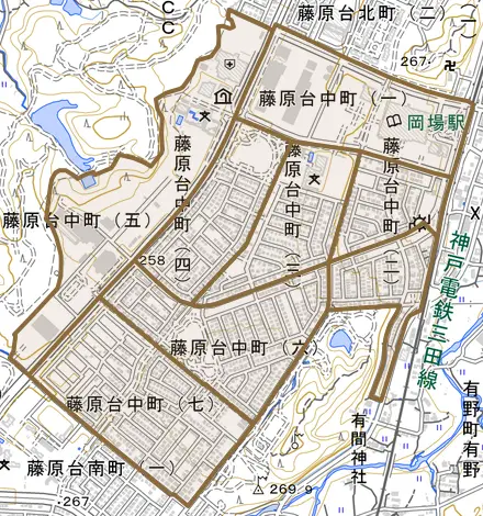 藤原台中町とその周辺の地図。町の範囲を重ねている