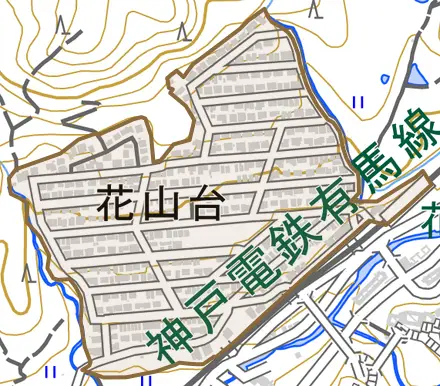 花山台とその周辺の地図。町の範囲を重ねている