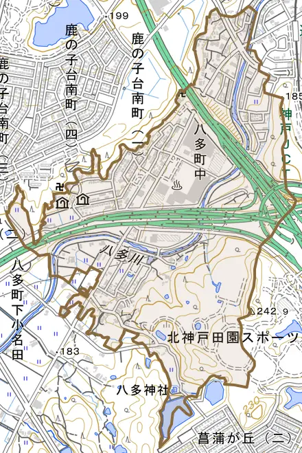 八多町中とその周辺の地図。町の範囲を重ねている