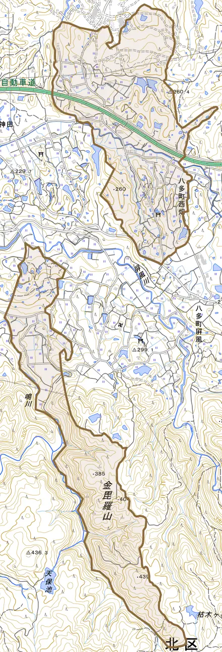 八多町西畑とその周辺の地図。町の範囲を重ねている