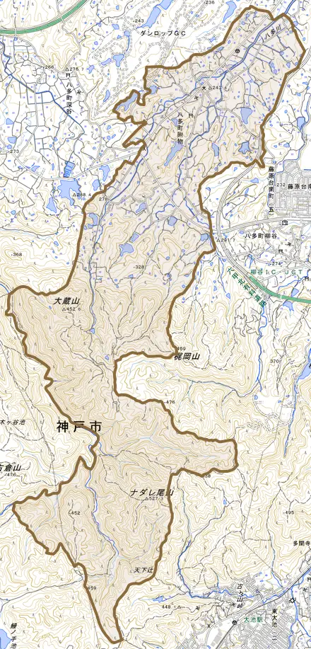八多町附物とその周辺の地図。町の範囲を重ねている