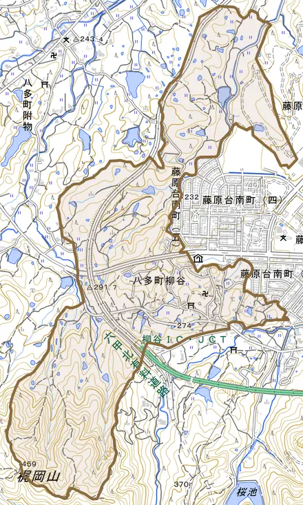 八多町柳谷とその周辺の地図。町の範囲を重ねている