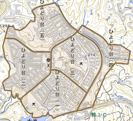 ひよどり台とその周辺の地図。町の範囲を重ねている