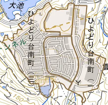 ひよどり台南町とその周辺の地図。町の範囲を重ねている