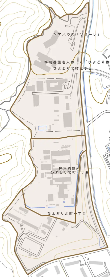 ひよどり北町とその周辺の地図。町の範囲を重ねている