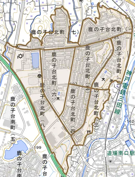 鹿の子台北町とその周辺の地図。町の範囲を重ねている