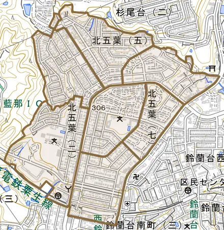 北五葉とその周辺の地図。町の範囲を重ねている