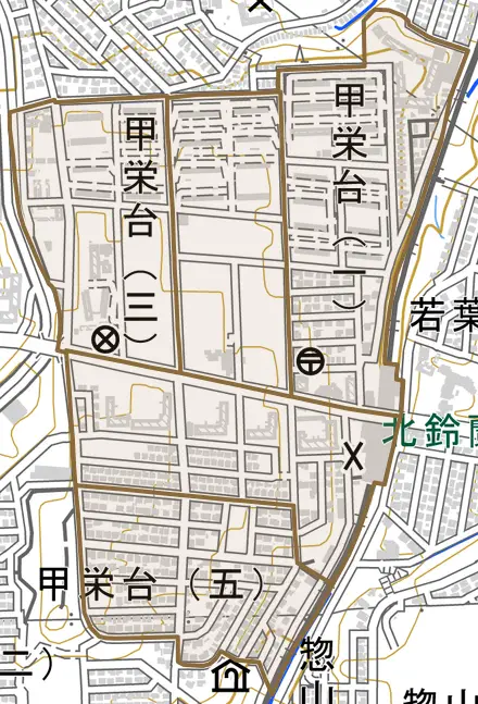 甲栄台とその周辺の地図。町の範囲を重ねている
