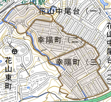 幸陽町とその周辺の地図。町の範囲を重ねている