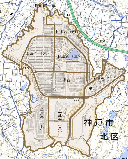 上津台とその周辺の地図。町の範囲を重ねている