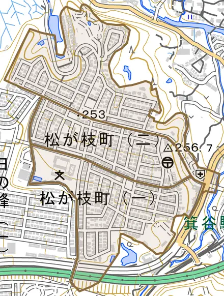 松が枝町とその周辺の地図。町の範囲を重ねている