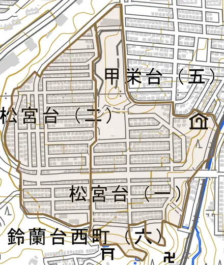 松宮台とその周辺の地図。町の範囲を重ねている