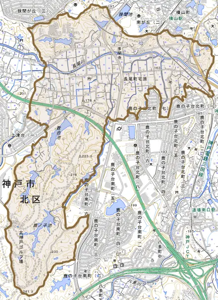 長尾町宅原とその周辺の地図。町の範囲を重ねている
