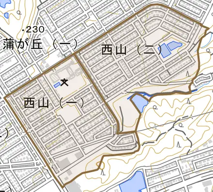 西山とその周辺の地図。町の範囲を重ねている