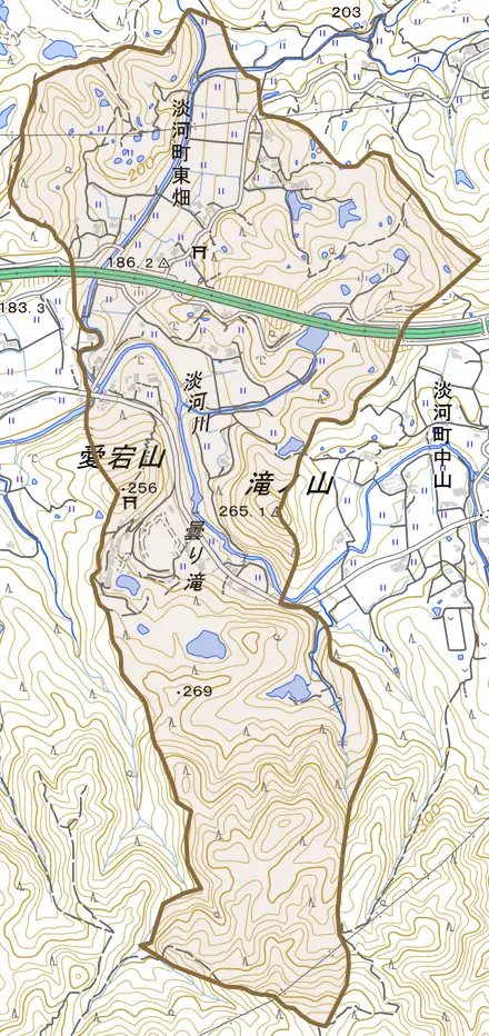淡河町東畑とその周辺の地図。町の範囲を重ねている