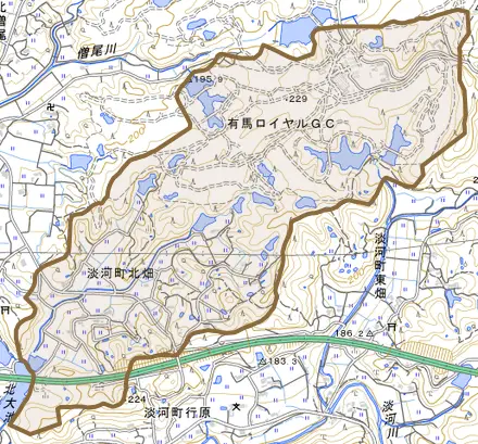 淡河町北畑とその周辺の地図。町の範囲を重ねている