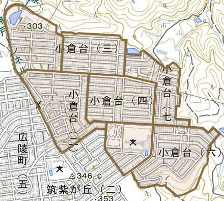 小倉台とその周辺の地図。町の範囲を重ねている