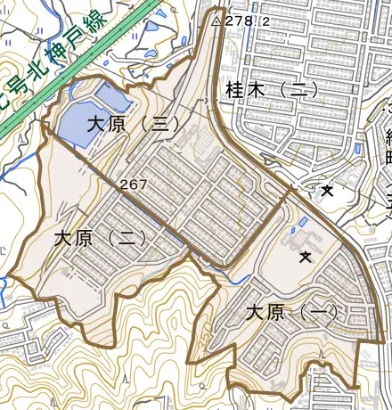 大原とその周辺の地図。町の範囲を重ねている