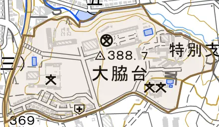 大脇台とその周辺の地図。町の範囲を重ねている