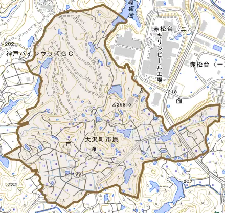 大沢町市原とその周辺の地図。町の範囲を重ねている