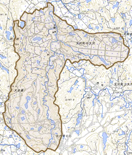 大沢町中大沢とその周辺の地図。町の範囲を重ねている