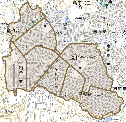 星和台とその周辺の地図。町の範囲を重ねている