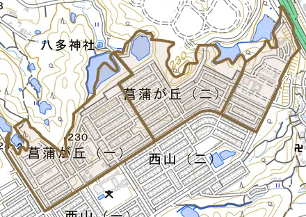 菖蒲が丘とその周辺の地図。町の範囲を重ねている