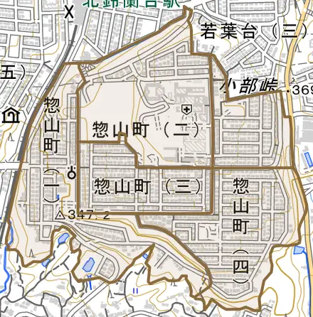 惣山町とその周辺の地図。町の範囲を重ねている