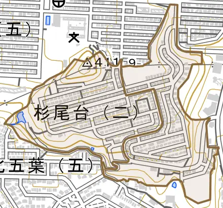 杉尾台とその周辺の地図。町の範囲を重ねている