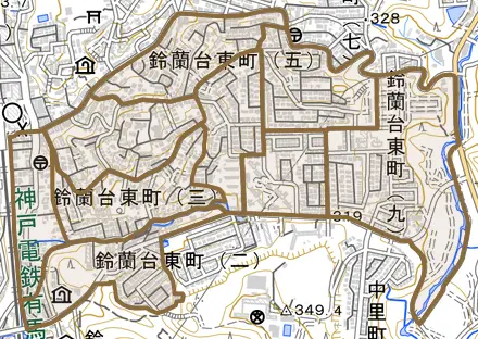 鈴蘭台東町とその周辺の地図。町の範囲を重ねている