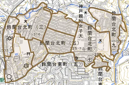 鈴蘭台北町とその周辺の地図。町の範囲を重ねている