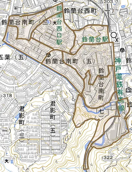 鈴蘭台南町とその周辺の地図。町の範囲を重ねている