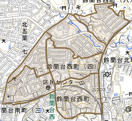 鈴蘭台西町とその周辺の地図。町の範囲を重ねている