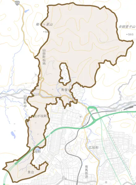 山田町原野とその周辺の地図。町の範囲を重ねている