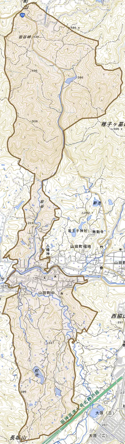 山田町中とその周辺の地図。町の範囲を重ねている