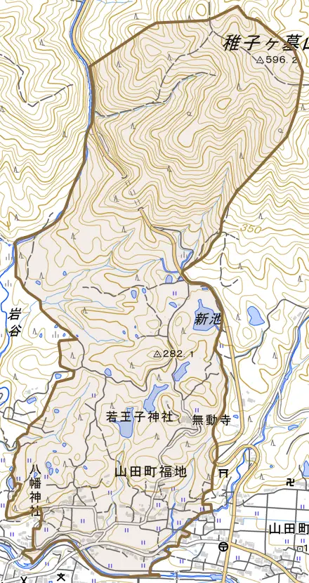 山田町福地とその周辺の地図。町の範囲を重ねている