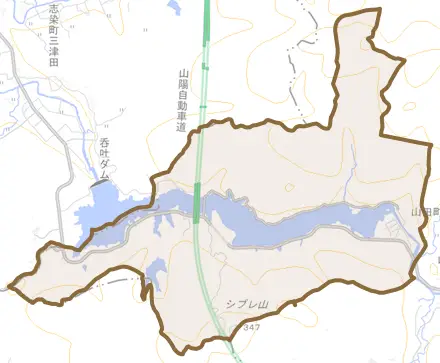 山田町衝原とその周辺の地図。町の範囲を重ねている
