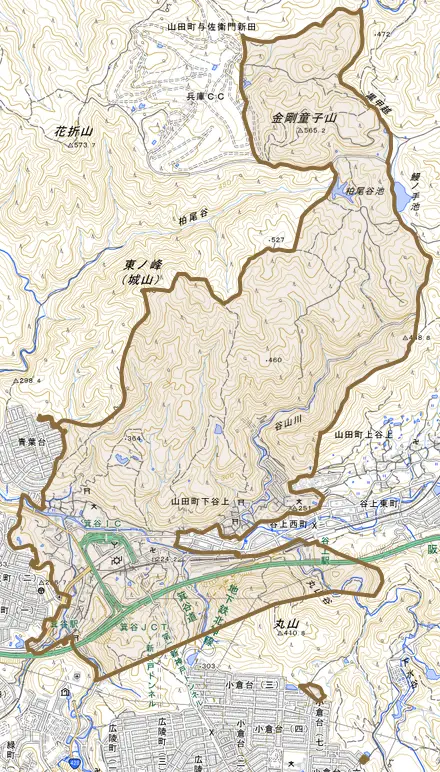 山田町下谷上とその周辺の地図。町の範囲を重ねている