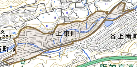 谷上東町とその周辺の地図。町の範囲を重ねている