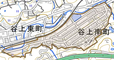 谷上南町とその周辺の地図。町の範囲を重ねている