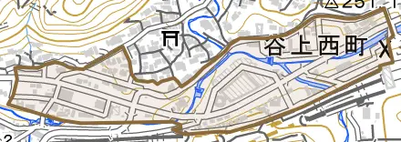 谷上西町とその周辺の地図。町の範囲を重ねている
