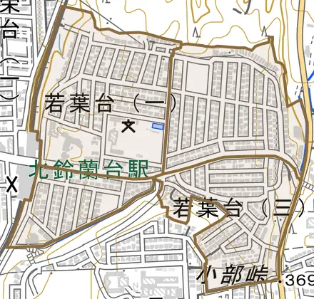 若葉台とその周辺の地図。町の範囲を重ねている