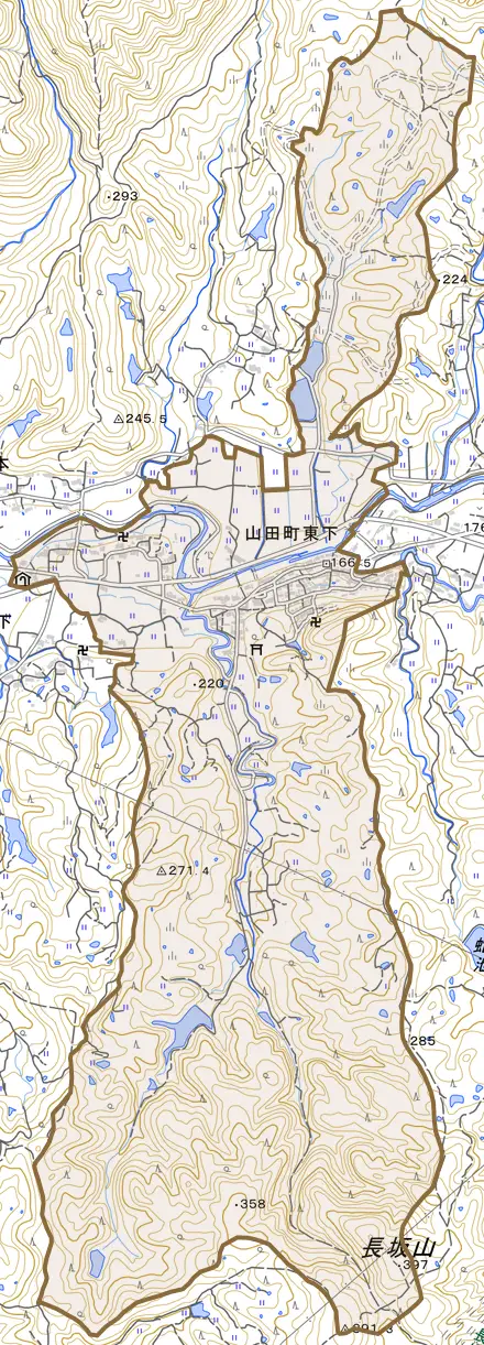 山田町東下とその周辺の地図。町の範囲を重ねている