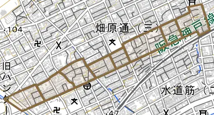 天城通とその周辺の地図。町の範囲を重ねている