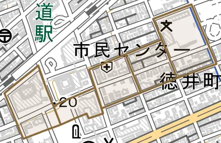備後町とその周辺の地図。町の範囲を重ねている