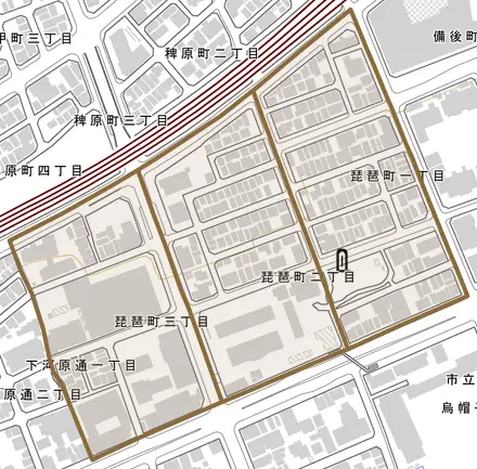 琵琶町とその周辺の地図。町の範囲を重ねている