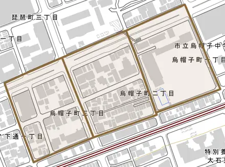 烏帽子町とその周辺の地図。町の範囲を重ねている