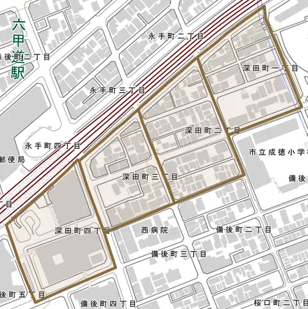 深田町とその周辺の地図。町の範囲を重ねている